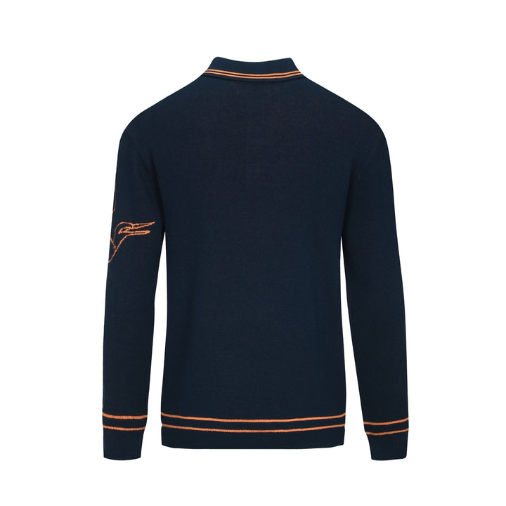 Camisa polo masculina de malha jacquard com arte Flying Crane azul marinho