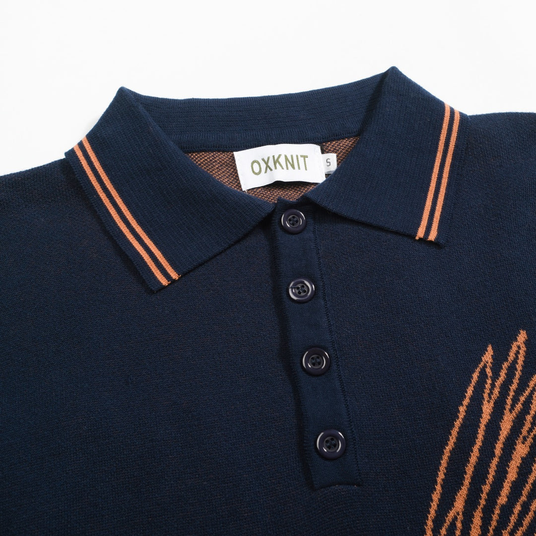 Camisa polo masculina de malha jacquard com arte Flying Crane azul marinho