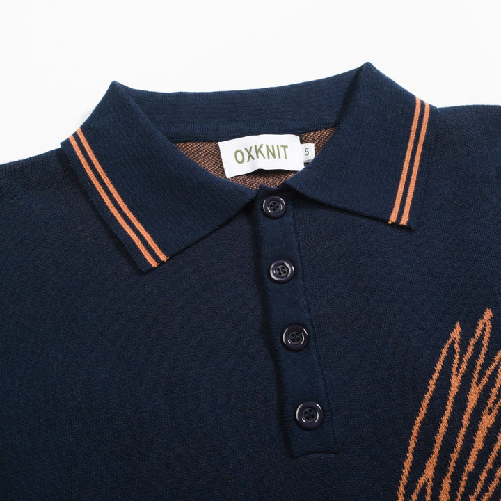 Camisa polo masculina de malha jacquard com arte Flying Crane azul marinho