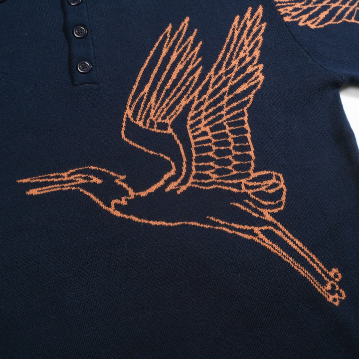 Camisa polo masculina de malha jacquard com arte Flying Crane azul marinho