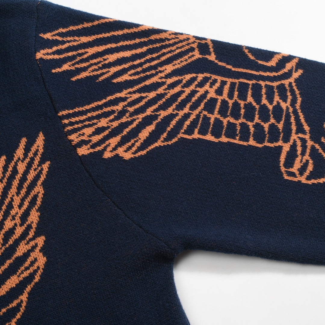 Camisa polo masculina de malha jacquard com arte Flying Crane azul marinho