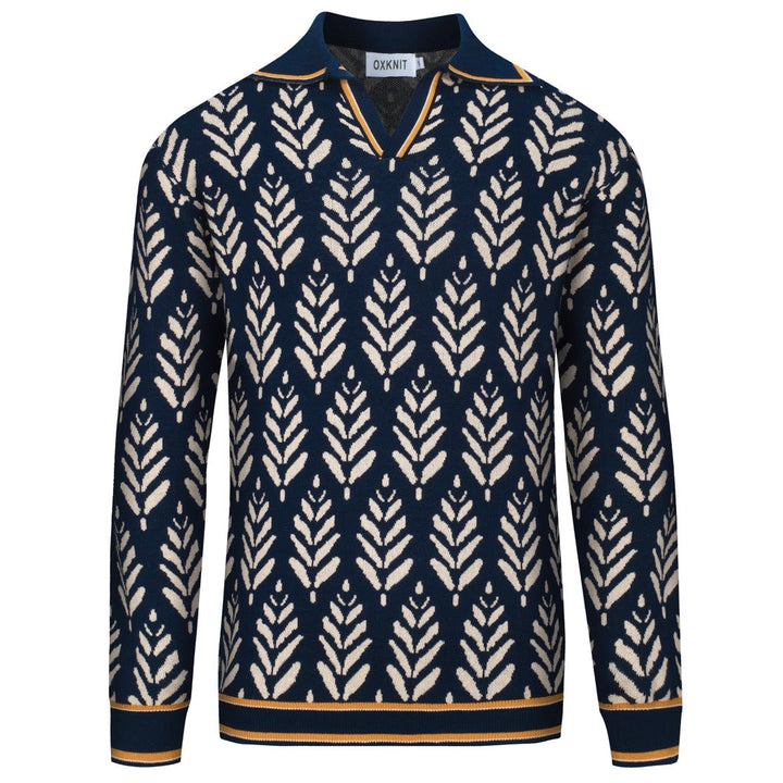 Marineblaues Herren-Jacquard-Poloshirt mit V-Ausschnitt im Stil der 70er Jahre