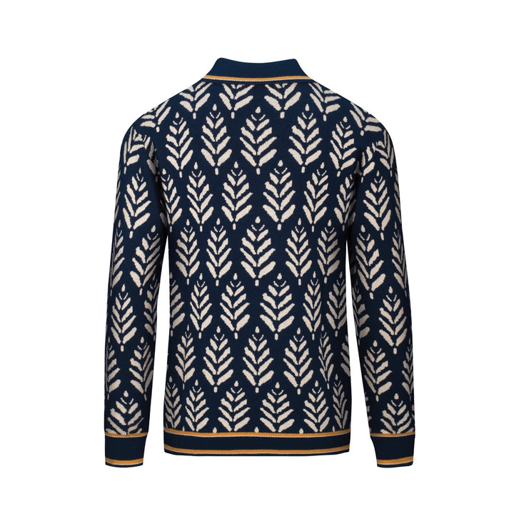 Marineblaues Herren-Jacquard-Poloshirt mit V-Ausschnitt im Stil der 70er Jahre