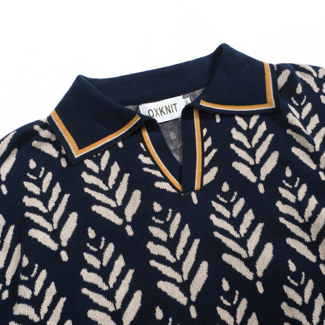 Marineblaues Herren-Jacquard-Poloshirt mit V-Ausschnitt im Stil der 70er Jahre