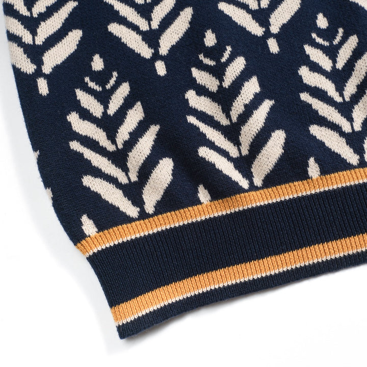 Marineblaues Herren-Jacquard-Poloshirt mit V-Ausschnitt im Stil der 70er Jahre