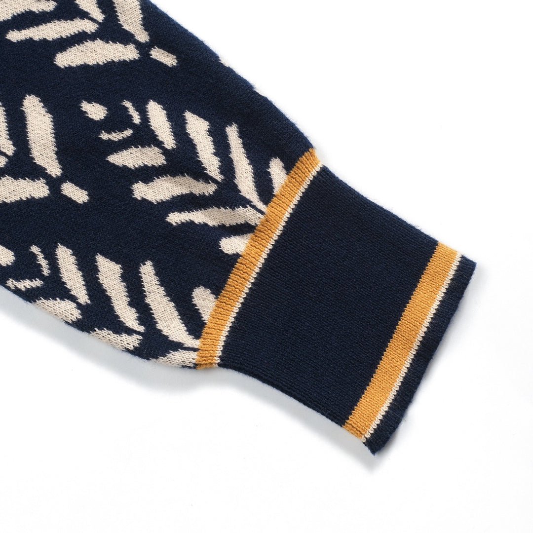 Marineblaues Herren-Jacquard-Poloshirt mit V-Ausschnitt im Stil der 70er Jahre