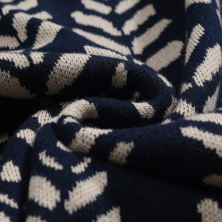 Marineblaues Herren-Jacquard-Poloshirt mit V-Ausschnitt im Stil der 70er Jahre