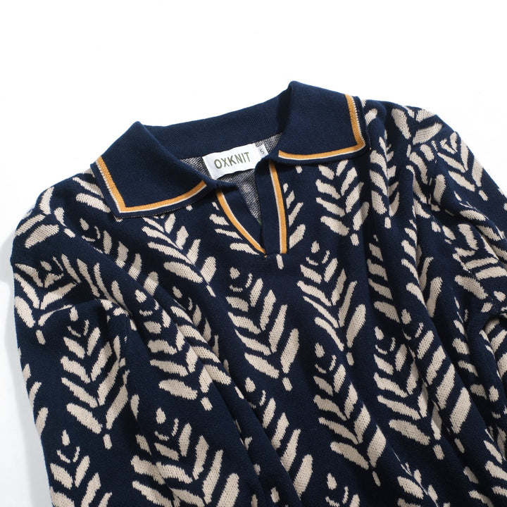 Marineblaues Herren-Jacquard-Poloshirt mit V-Ausschnitt im Stil der 70er Jahre