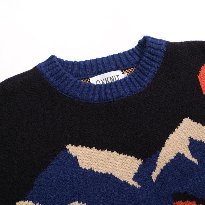Men's dark blue fox jacquard vintage knitwear