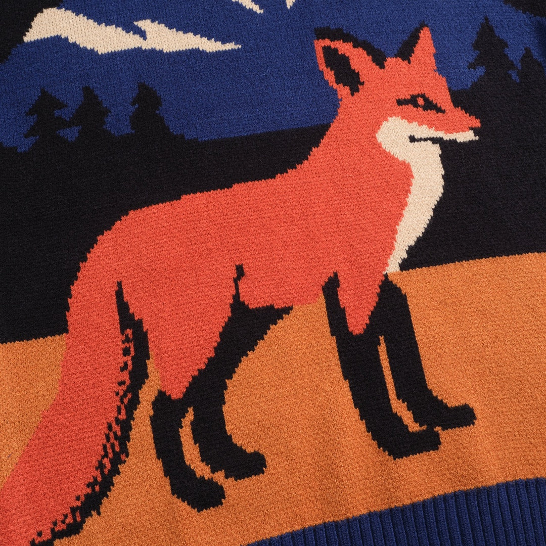 Men's dark blue fox jacquard vintage knitwear