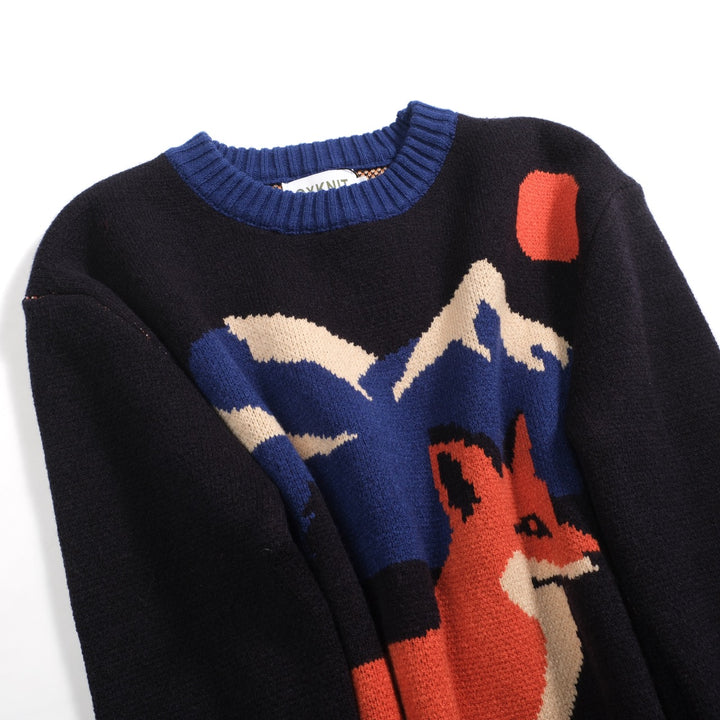 Men's dark blue fox jacquard vintage knitwear