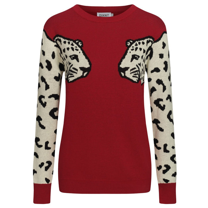 Women's red vintage animal print crew neck knitwear