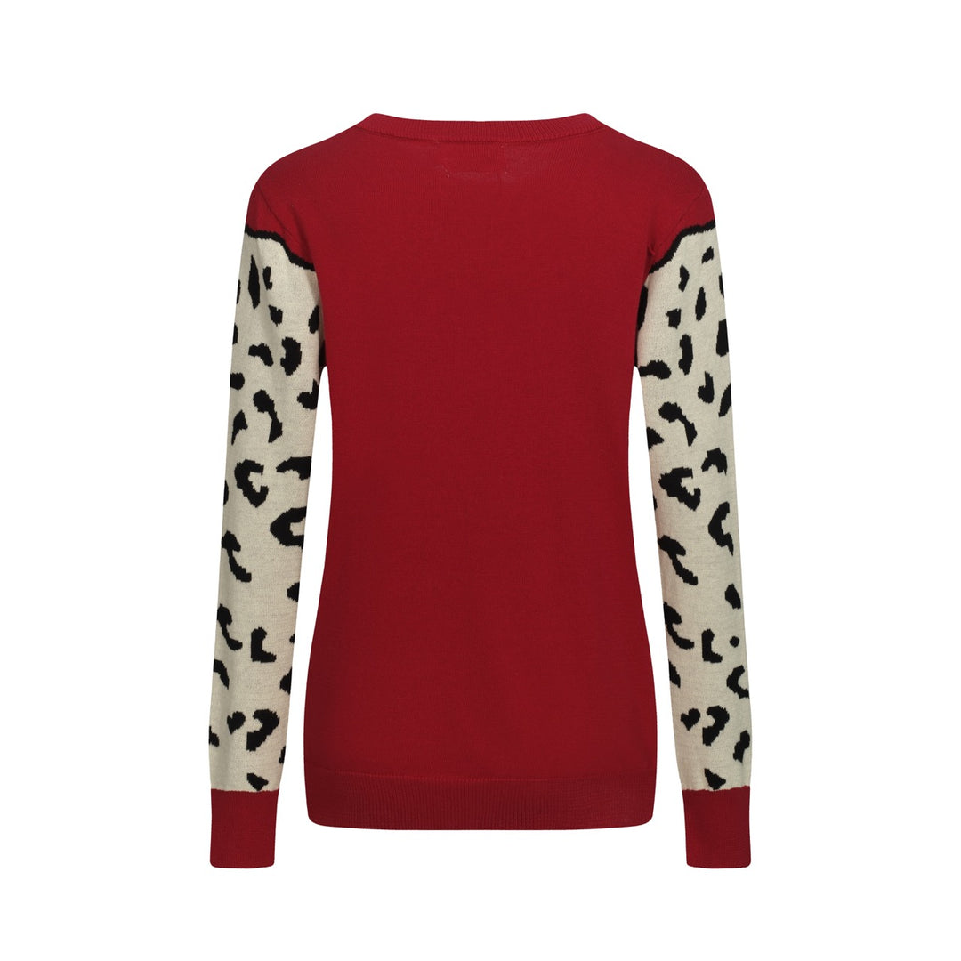 Women's red vintage animal print crew neck knitwear