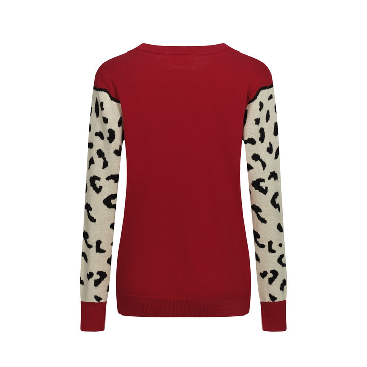 Women's red vintage animal print crew neck knitwear