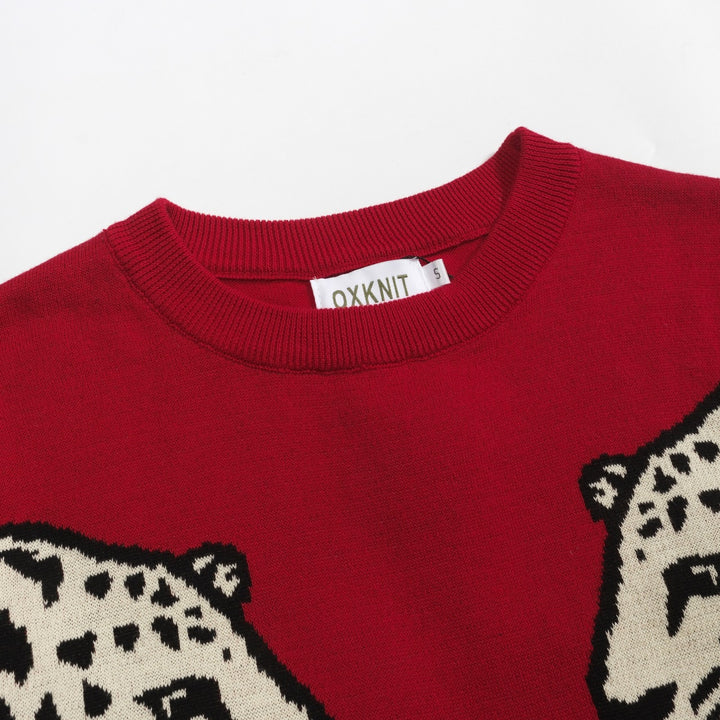 Women's red vintage animal print crew neck knitwear