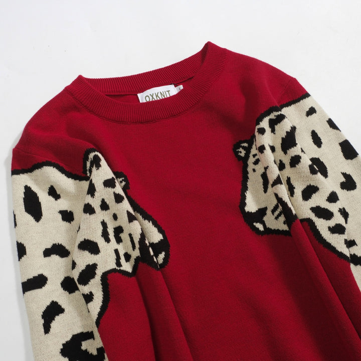 Women's red vintage animal print crew neck knitwear