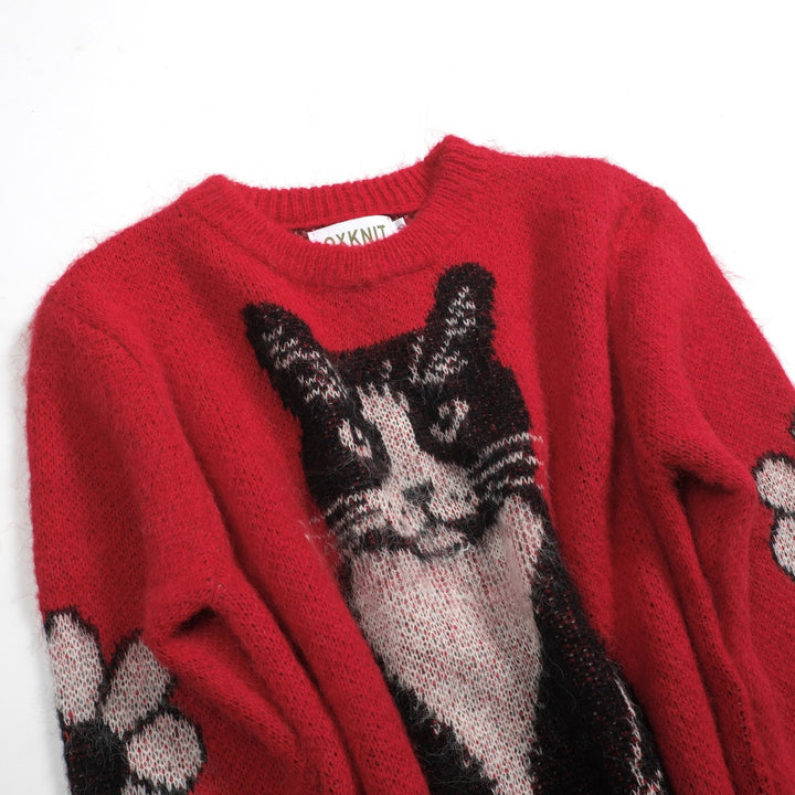 Malhas jacquard femininas com flor de gato vermelho