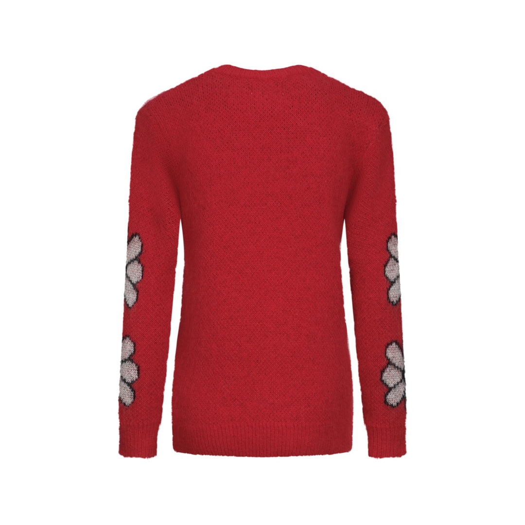 Malhas jacquard femininas com flor de gato vermelho