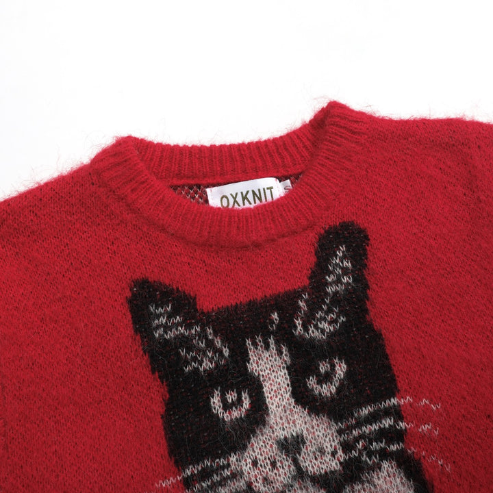 Malhas jacquard femininas com flor de gato vermelho