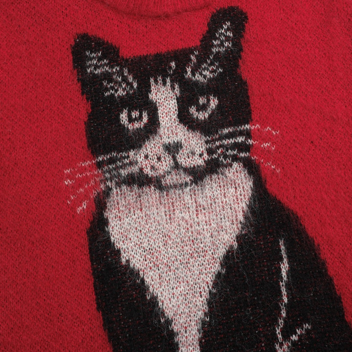 Malhas jacquard femininas com flor de gato vermelho