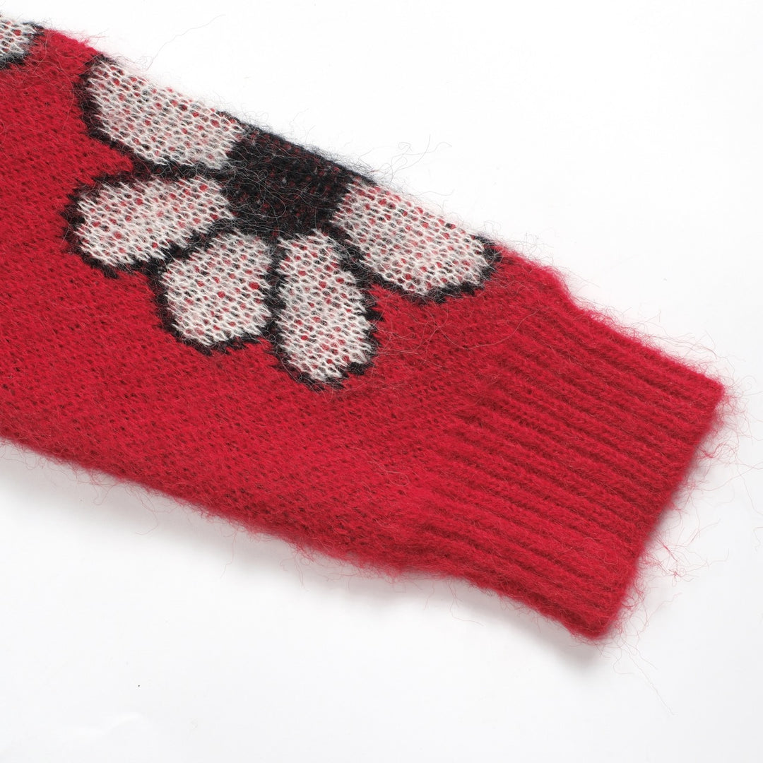 Malhas jacquard femininas com flor de gato vermelho