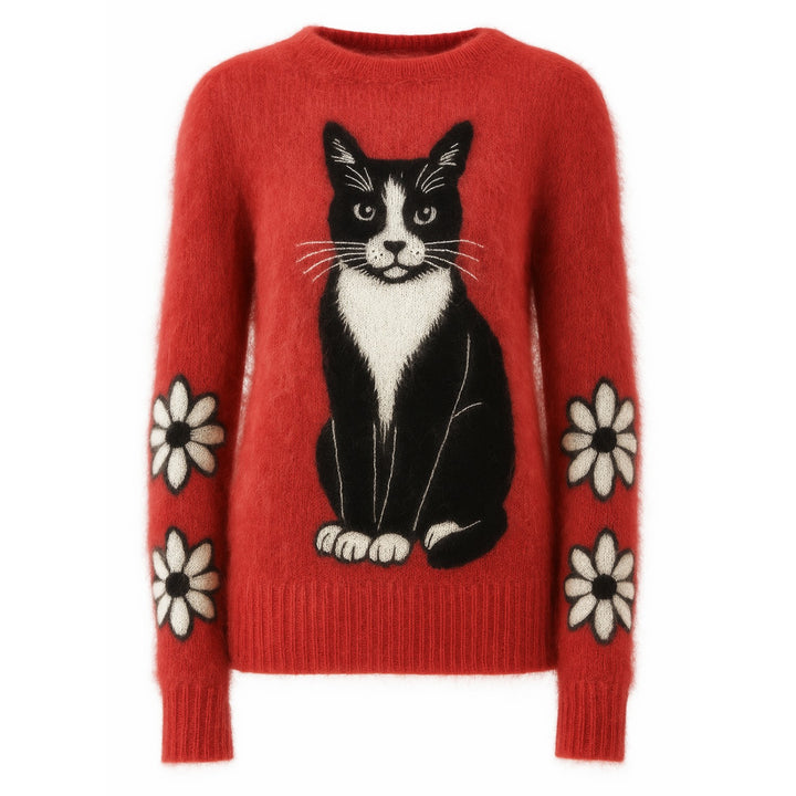 Malhas jacquard femininas com flor de gato vermelho