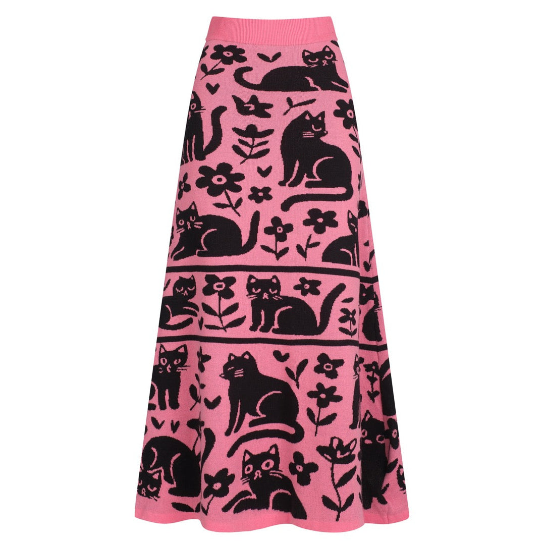 Gonna da donna in maglia rosa con fantasia gatto retrò