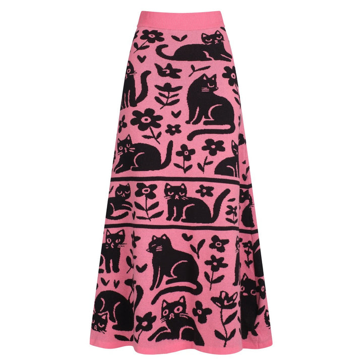 Gonna da donna in maglia rosa con fantasia gatto retrò