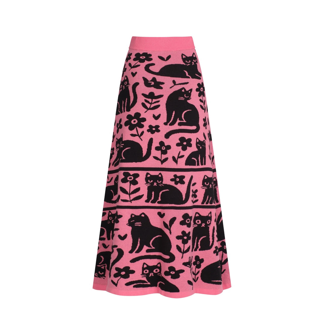 Gonna da donna in maglia rosa con fantasia gatto retrò