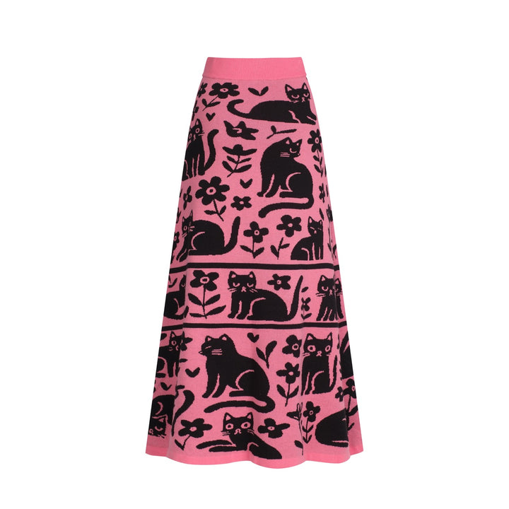 Gonna da donna in maglia rosa con fantasia gatto retrò