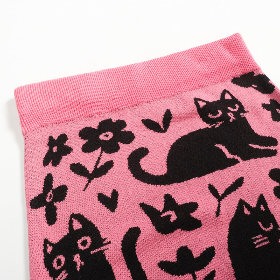 Gonna da donna in maglia rosa con fantasia gatto retrò