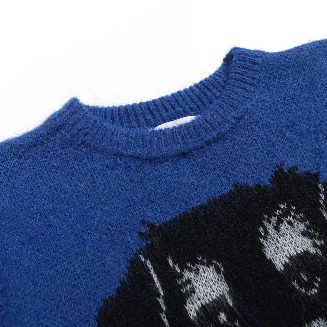 Men's blue vintage dog jacquard plush knitwear