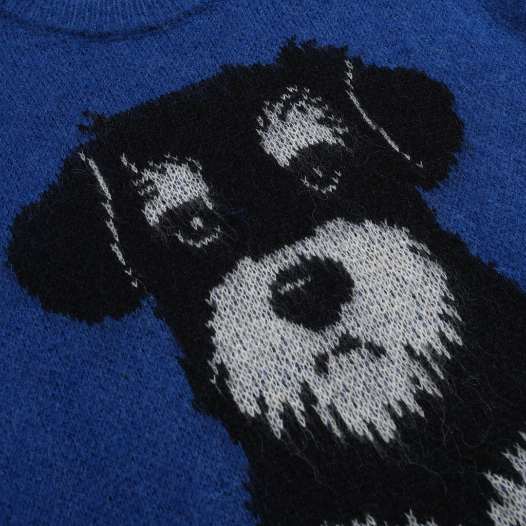 Men's blue vintage dog jacquard plush knitwear