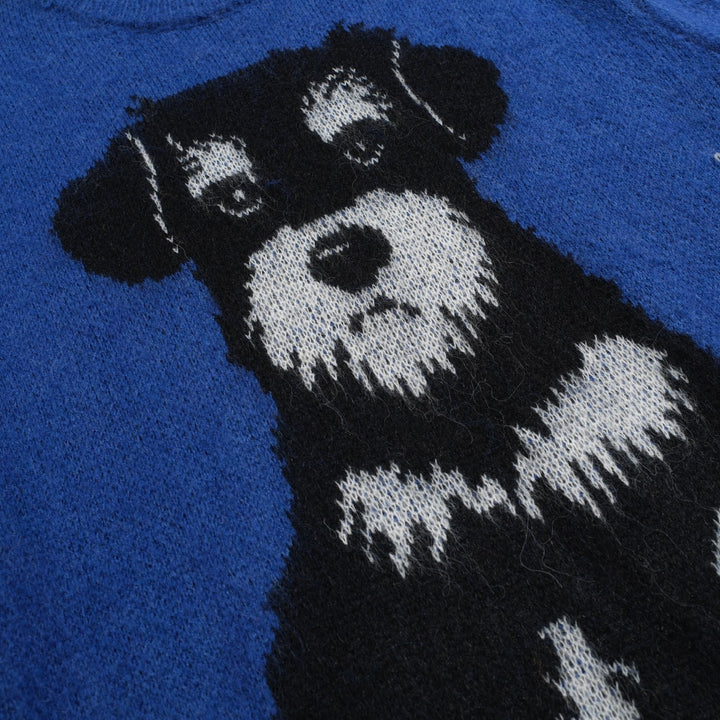 Men's blue vintage dog jacquard plush knitwear