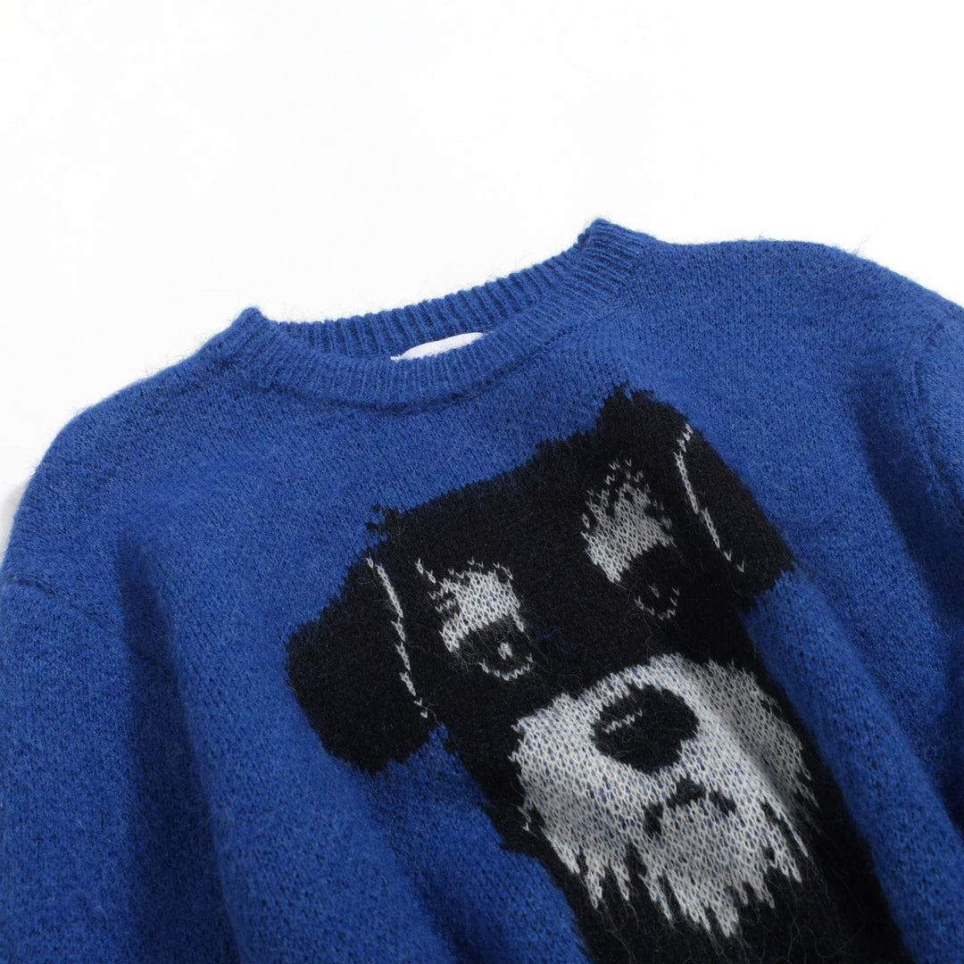 Men's blue vintage dog jacquard plush knitwear