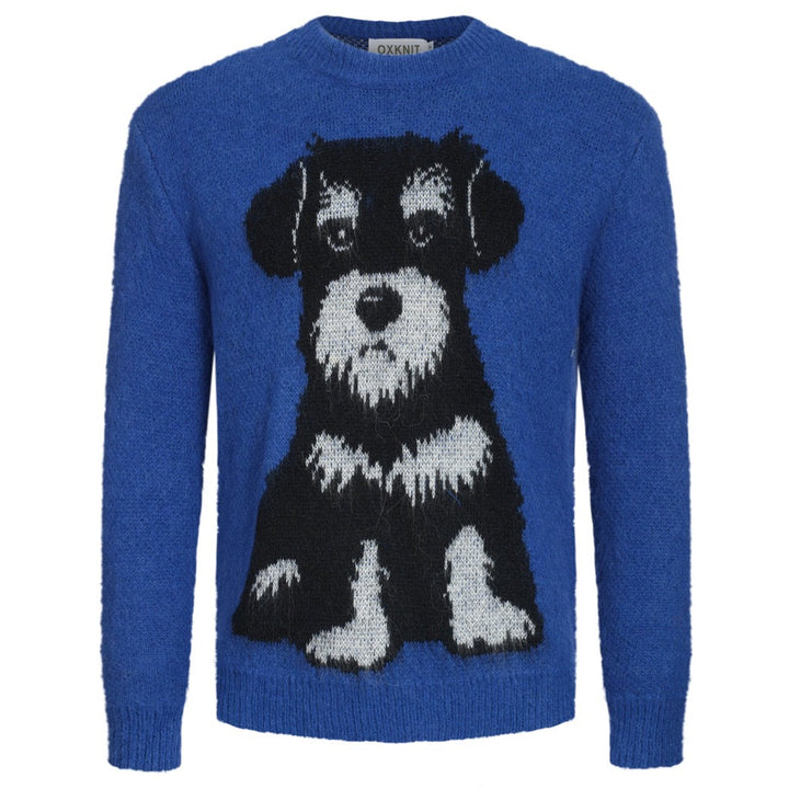 Men's blue vintage dog jacquard plush knitwear