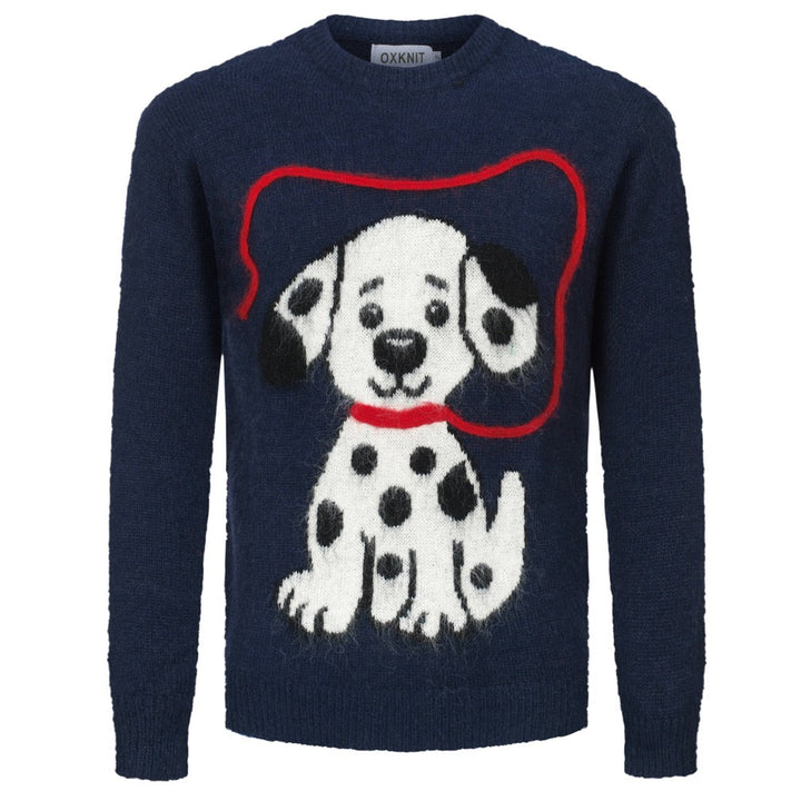 Men's dark blue vintage spotted dog jacquard wool knitwear
