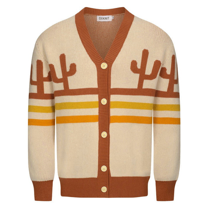 Men's khaki cactus striped jacquard sweater coat