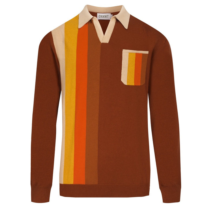 Men's brown striped pocket V-neck knitted polo shirt