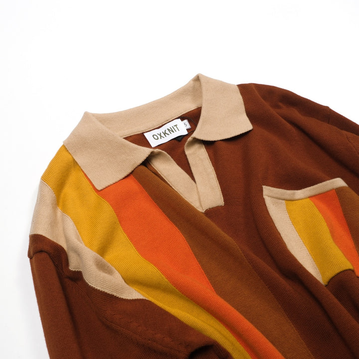 Men's brown striped pocket V-neck knitted polo shirt