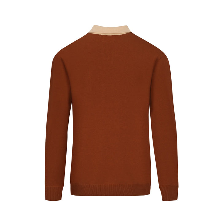 Men's brown striped pocket V-neck knitted polo shirt