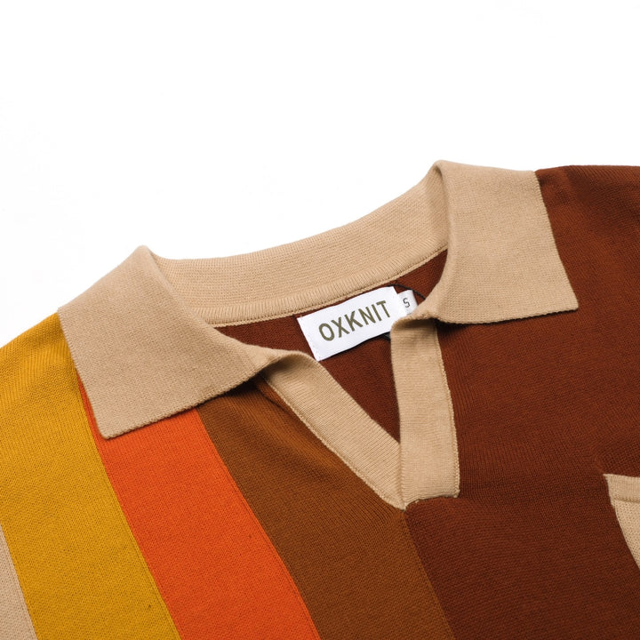 Men's brown striped pocket V-neck knitted polo shirt