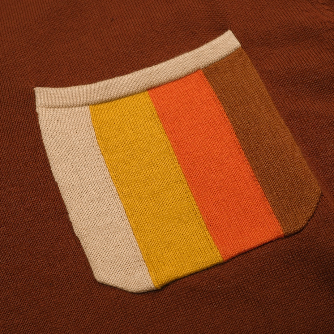 Men's brown striped pocket V-neck knitted polo shirt