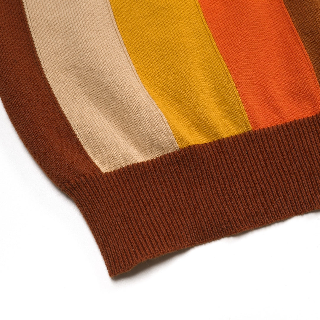 Men's brown striped pocket V-neck knitted polo shirt