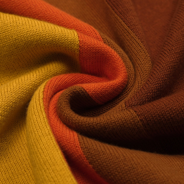 Men's brown striped pocket V-neck knitted polo shirt