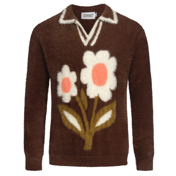 Polo de hombre con cuello de pico en punto felpa floral marrón