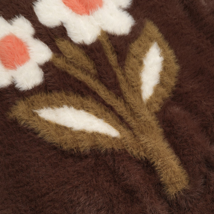 Polo de hombre con cuello de pico en punto felpa floral marrón