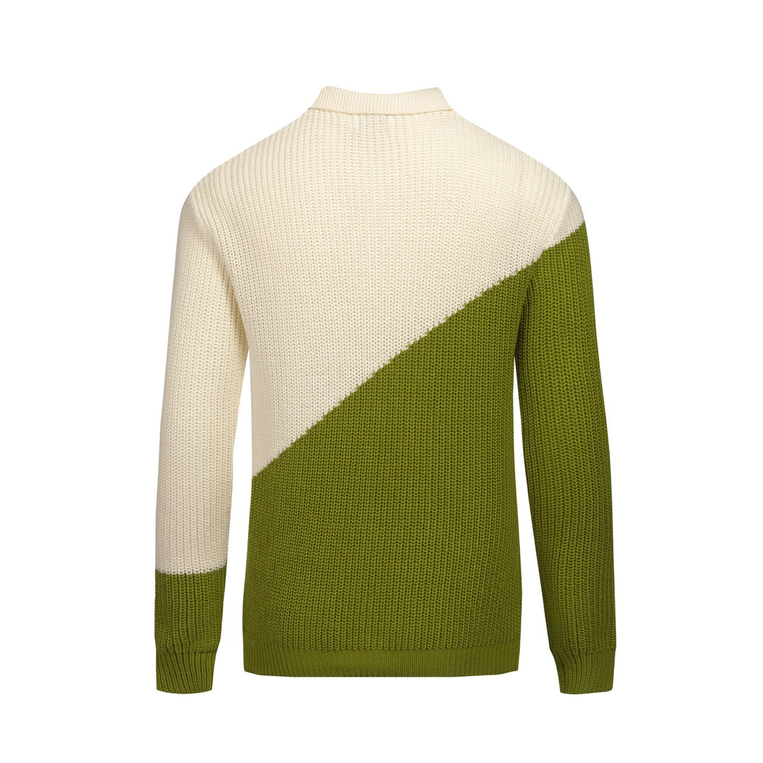 Camisa pólo retrô masculina verde com gola V e cor bloqueada