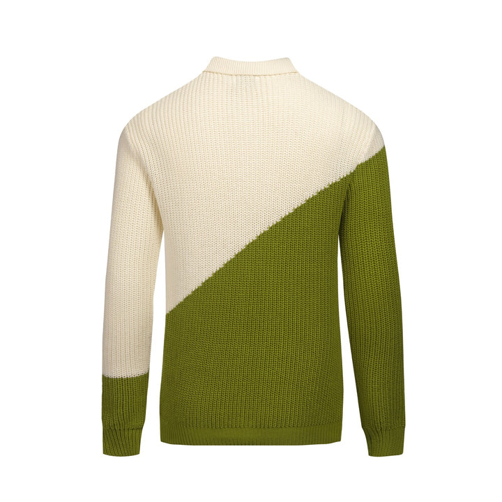 Camisa pólo retrô masculina verde com gola V e cor bloqueada