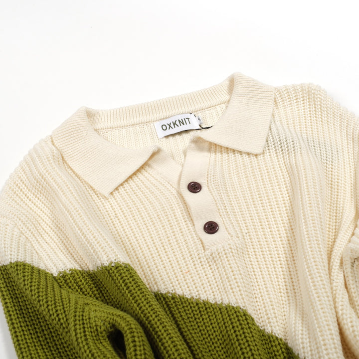 Camisa pólo retrô masculina verde com gola V e cor bloqueada